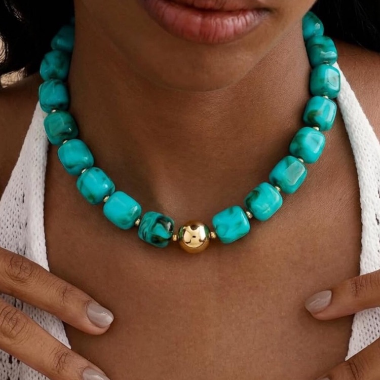 14k Gold Plated Turquoise Marbled Dopamine Beaded Necklace With Gold Accent New